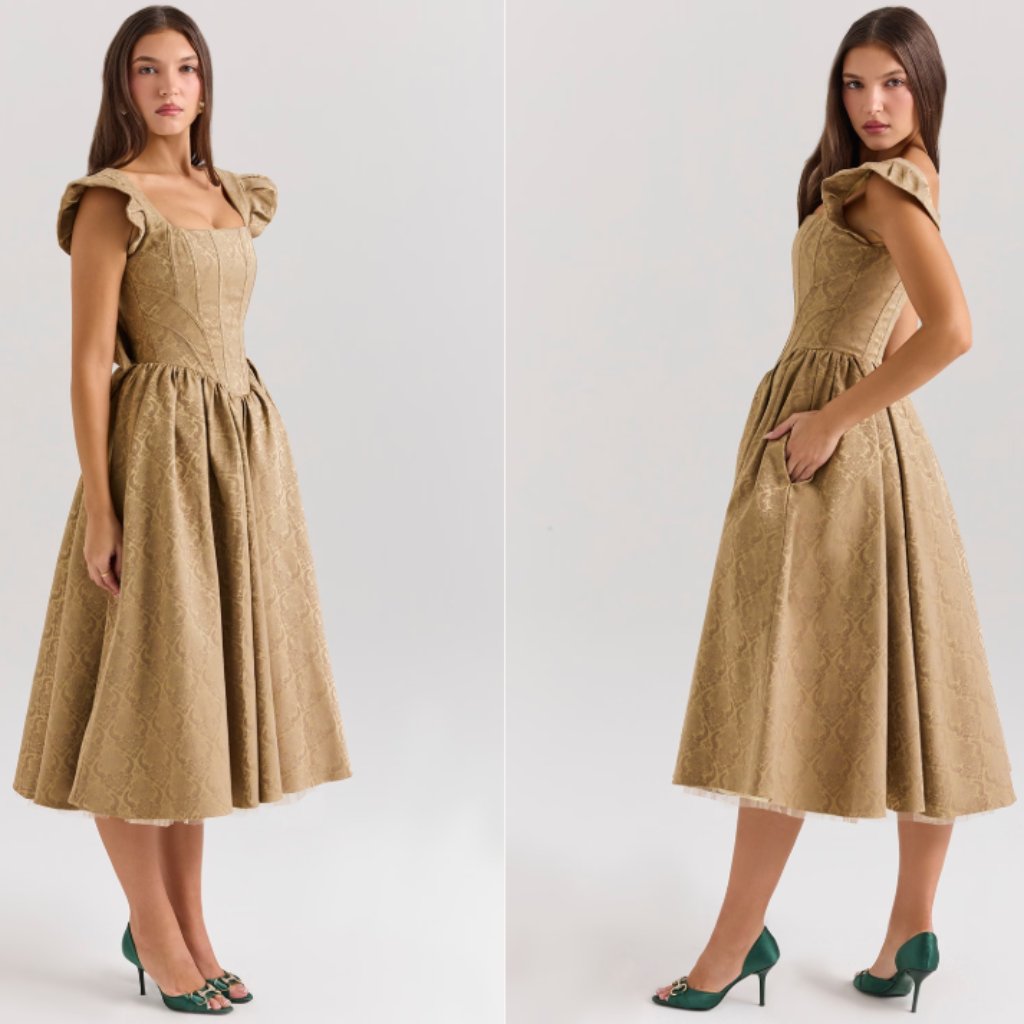 House Of Cb 'Alessandra' Gold Jacquard Midi Dress W/ Detachable Bow Nwot